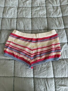 Crochet Striped Knit Shorts in Cream, Red & Blue